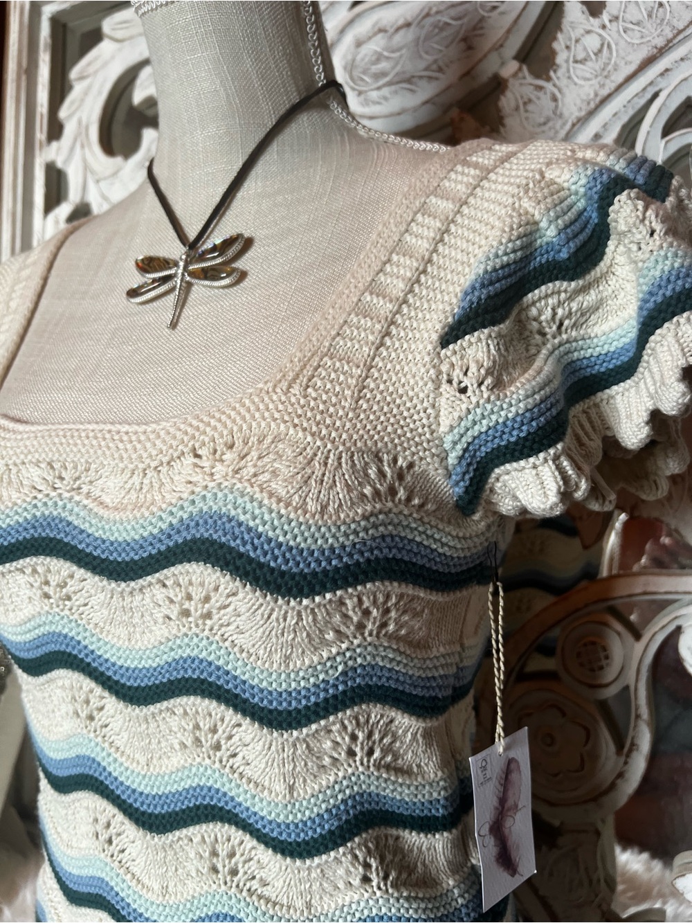 Jessica Simpson Cream and Blue Striped Knit Scoop Neck Top